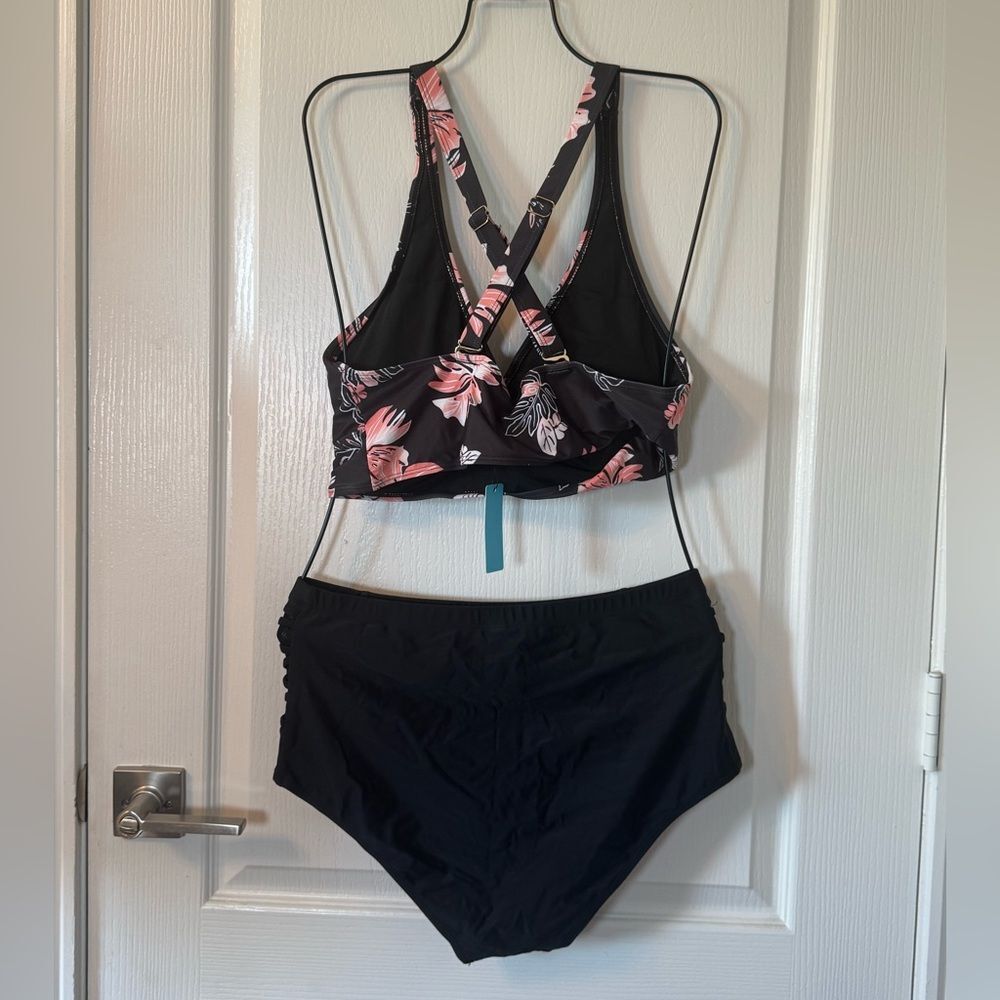 Younique Black Floral Bikini with Plunging Halter High-Waisted Bottom 14W NWT - Picture 5 of 11